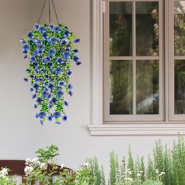 4 Pcs Fake Outdoor Artificial Flowers For Outdoors Uv Resistant, Plastic Flowers For Outdoors, Fake Hanging Plants Faux Flowers For Outdoor Planters, Silk Spring Flowers For Outside Porch（Blue）