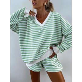 Melliflo - Conjunto de 2 piezas para mujer, conjunto de sudadera con cuello en V y pantalones cortos, conjunto de sudadera de otoño, Conjuntos cortos verde claro, S