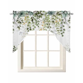 Sonuwahka Sage Green Swag Valance for Windows, Eucalyptus Curtains Valance for Kitchen Living Room Bedroom Bathroom, Botanical Branch Farmhouse Floral Light Filtering Swag Valances Drape 56''x36''