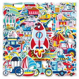 50Pcs Transportation Stickers for Water Bottle,Notebook,Scrapbook,Luggage,Bike,Laptop, Suitcase,Bumper,Cute VehicleTruck Vinyl Sticker,Kids Teens Gift,Cartoon Car Fire Truck Waterproof Decals