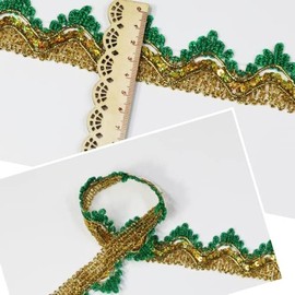 Length15 Yards，Width 4cm/1.57Inch, Gold & Green Sequins Lace Trim Craft Ribbon Decorated Gimp Trim for Wedding Bridal,Performance Costumes or Jewelry, Crafts and Sewing (Gold & Green)