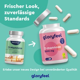 gloryfeel D-Mannose High Dose - 2000 mg Pure D Mannose per Daily Serving - 180 Capsules from Vegetable Origin - 100% Vegan, Laboratory Tested and Made in Germany without Additives