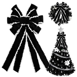 HIENAJ Large Christmas Bow for Wreath - Vintage Black Ribbon Tree Topper - White Edged Black Velvet Bows for Indoor Outdoor Xmas Party Decoration, Home Ornament Supplies