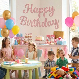 Glitter Happy Birthday Banner Sign, DIY Birthday Party Garland Decorations, Reusable Happy Celebration Party Supplies Backdrop Banners for for Women, Girls, Teens, Adults (Rose Gold)
