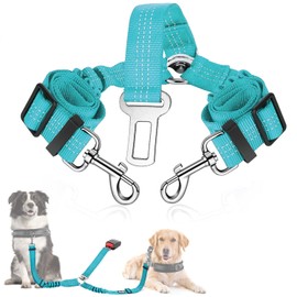 SlowTon Double Dog Seatbelt, Dual Pet Car Seat Belt Adjustable Double Dog Coupler Lead with Elastic Bungee and Reflective Stripe No Tangle Safety Belt Splitter in Vehicle for Two Pets Trip Travel