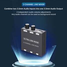2 Channel Stereo Audio Mixer, 3.5mm Mini Audio Mixer Line Mixer, Low-Noise DC 5V Support Music Creation, Sub Mixing, Live Broadcast, As Guitars, Bass, Keyboards Mixer