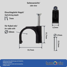 Lumonic 100 x Nail Clips 10 mm for Cable Black Cable Clamp with 22 mm Nail e.g. for Attaching to the Wall Cable Clips Various Sizes 4-1