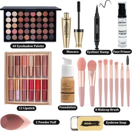 All in One Makeup Set,Cosmetic Make up Gift Set for Women Beginners,Includes Eyeshadow Palette Foundation & Face Primer Eyeliner Stamp lip gloss Set Eyebrow Soap Makeup Sponge brushes Set