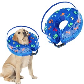 KIKNIN Dog Cone, Inflatable Dog Collar for Small, Medium and Large Dogs, Soft Recovery Pet Cone After Surgery with Adjustable Buckle and Cute Pattern to Stop Licking and Biting Wounds (Blue, Large)