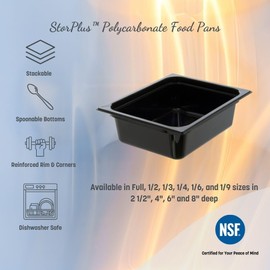 Carlisle FoodService Products Storplus Food Storage Container Food Pan, Chafing Pan for Catering, Buffets, Restaurants, Polycarbonate (Pc), 1/9 Size 6 Inches Deep, Black, (Pack of 6)