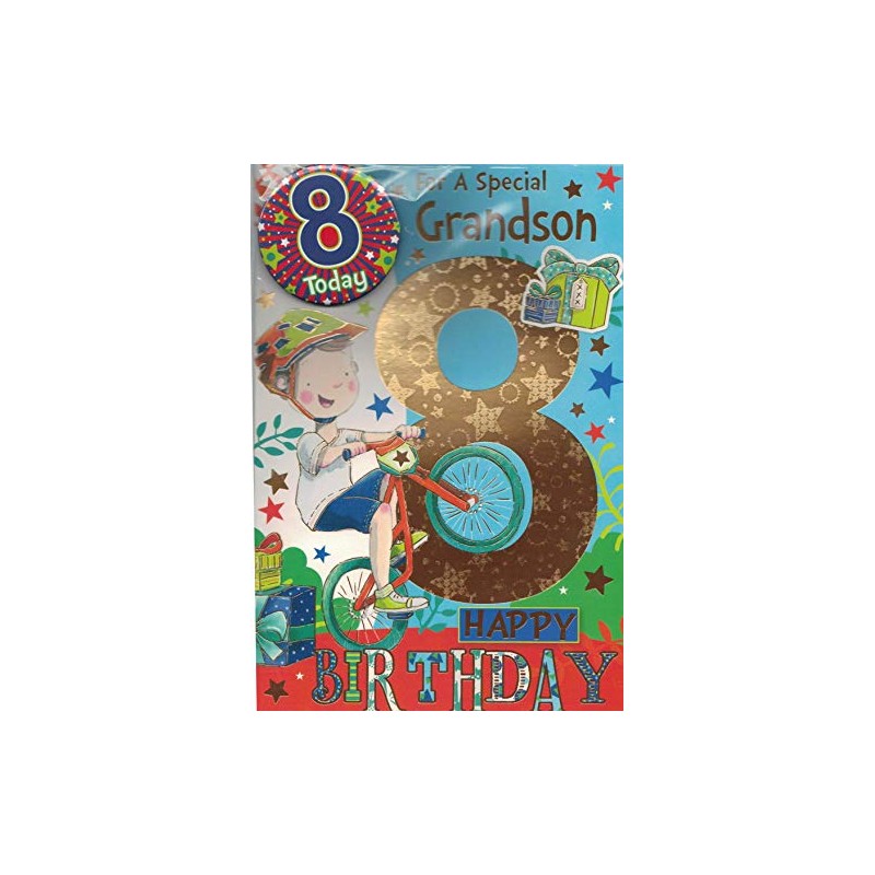 GRANDSON AGE 8 EIGHT BIRTHDAY CARD WITH BADGE***9 X 6