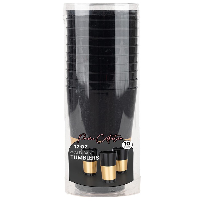 PLASTICPRO Disposable 12 oz Black Plastic Tumblers With Gold Band