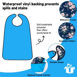 BSFHH 3 Pack Adult Bibs for Eating Waterproof and Washable Reusable Clothing Protectors & Adult Bibs with Debris Trap (Flower)
