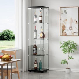 Yoluckea Glass Cabinet, 4 Shelves Glass Display Cabinet with Door,Floor Standing Clear Glass Curio Cabinet Collection Display Case for Living Room Bedroom 64.56”x16.73”x 14.37” Black(Upgrade Assembly)