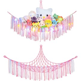 LXUNYI Stuffed Animals Net or Hammock with LED Light, Toy Net Hammock Hanging Stuffed Animals Storage Organizer Holder Room Décor with Tassels for Nursery Play Room Kids Bedroom (Deep Pink)