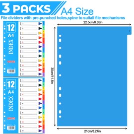Partideal 3 Pack A4 Folder Dividers,12 Part File Dividers Plastic Binder Dividers with Pre-Punched Hole for Office School