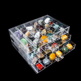 Dmnnlp Rock Display Case with 3 Drawers and 72 Grids, Clear Acrylic Rock Collection Box, Display Boxes for Collectables, Gemstone Storage Cases (21.5x 14x 9cm)