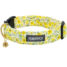 TEEMERRYCA Yellow Ditsy Floral Cotton Dog Collars with a Sunflower Shaped Charm Spring Beautiful Flower Pet Collar for Medium Dogs Girl Boy, M