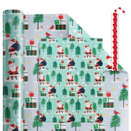 LaRibbons Reversible Christmas Wrapping Paper with Red Pom Pom, Winter Friends Santa & Cardinal Present Design for Christmas, Party, Holiday, Celebration, 17 Inch X 40 Feet (56.6sq.ft.ttl.)