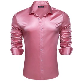 Barry.Wang Mens Pink Solid Stretch Dress Shirts Long Sleeve Button Down Shirts Formal Business Prom Party