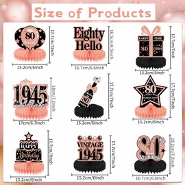 Luvart 80th Birthday Decorations Women - Rose Gold Table Decorations for 80th Birthday Party Vintage 1945 Birthday Party Supplies 9PCS Birthday Decorations for Woman Men Honeycomb Centerpieces Decor