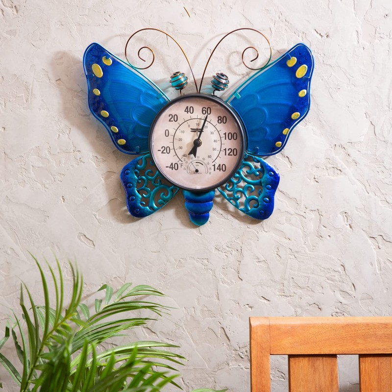 Evergreen Butterfly Outdoor Wall Thermometer, Blue