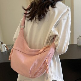 Micmores Shoulder Bag Crescent Bag Corduroy Crossbody Bags for Women, Multi Pockets Sling Bag Hobo Half Moon Bag Cross Body Bag for Travel Work Daily(Pink)