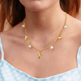 Shell Necklace for Women,Dainty Chain Choker Neckl,acesStarfish SeaShell Pearl Necklace,Beach Jewelry for Summer Vacation (B1 Shell Necklace)