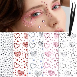 YGDZ Face Gems 5 Sheets Hair Gems, Self Adhesive Face Jewels Stickers, Heart Festival Face Gems Stick on, Valentines Rhinestone for Face, Eye, Makeup, Rave Accessories for Kids, Women