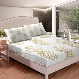 Pineapple Bed Sheet Set Golden Pineapple Pattern Fitted Sheet Tropical Fruit Printed Bedding Set Kids Boys Girls Teens White Bed Cover Bedroom Decor 3Pcs Full Size,Hypoallergenic