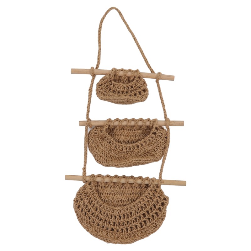 Hanging Fruit Basket 3 Tier Wall Mounted Handcraft Hemp Rope
