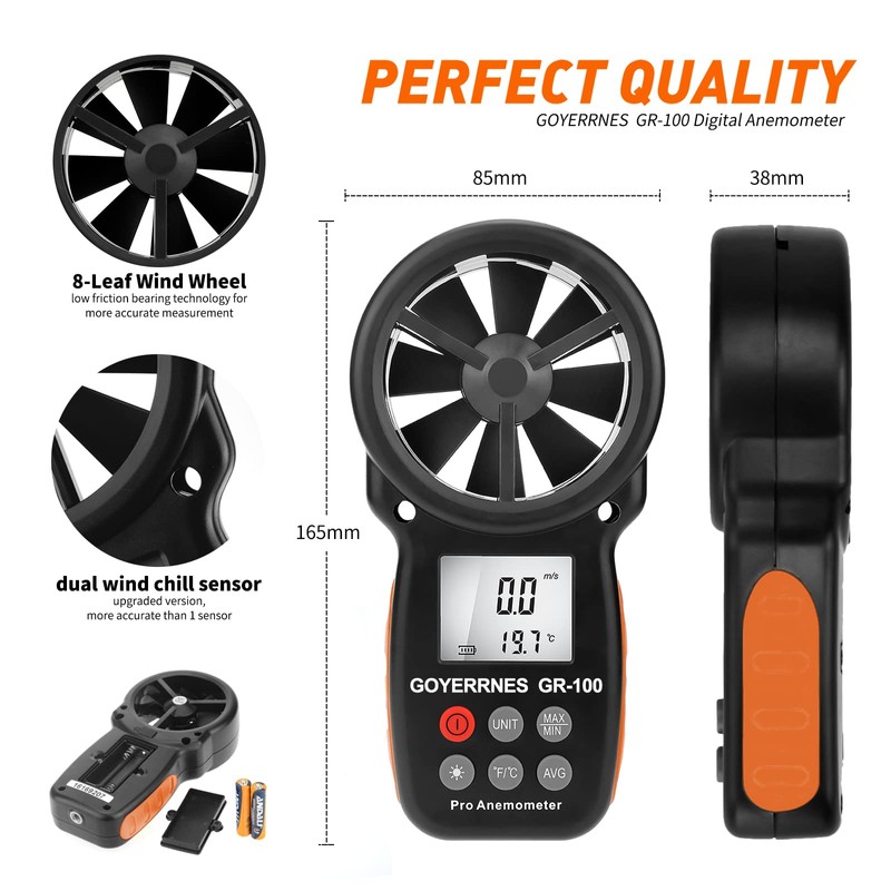 GOYERRNES Handheld Anemometer, Digital Wind Speed CFM Meter Gauge, Air