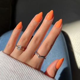 Orange Press on Nails Short Almond Shaped, SXVME 30 Pcs Thick Short Fake Nails Press ons Natural Acrylic False Nails Custom Solid Color Medium Natural Fit Glue on Nails For Women