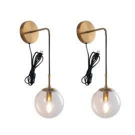 KUZZULL Wall Sconces Set of Two Plug in Wall Sconces Brushed Brass Gold Wall Lamp with Cord Wall Sconce Plug in with Globe Clear Glass Shade Sconces Set of 2 Wall Light Sconce