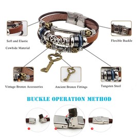 SMALLLOVE Bohemian Leather Bracelet for Men and Women Vintage Key Adjustable Beads Wrap Cuff Bangles Wristband Wrist Decor (Brown)