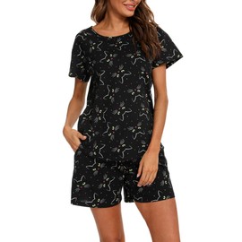 ENJOYNIGHT Womens Pajama Shorts Set Summer Sleepwear Cotton Pjs Short Sleeve Lounge Wear with Pockets(Large, Black Cat)