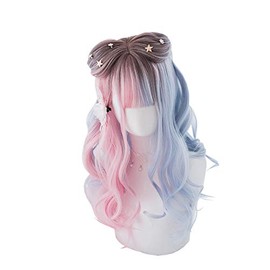 Double Color Brown Gradient Pink and Blue Long Curly Synthetic Hair Wigs Lolita Japanese Sweet Cosplay Party Natural Wigs
