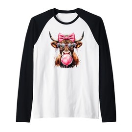 Messy Coquette Highland Cow Cute Pink Bow Bubble Gum Glasses Raglan Baseball Tee