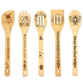 5 Pieces Bamboo Bee Spoons Cooking Utensils, Honeycomb Engraved Kitchen Tool Accessories Set, Spatula Christmas Birthday Wedding Favor Gift