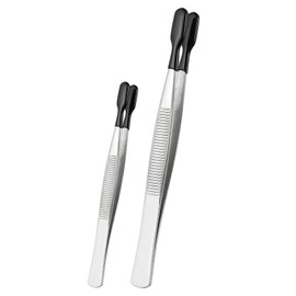 PATIKIL Craft Tweezers with Rubber Tips, 2 Pcs PVC Coated Tweezers Set Long Stainless Steel Bent Straight Flat Tip for Stamp Sticker Crafts Beads Jewelry Tools, Black 5.9" 4.3"