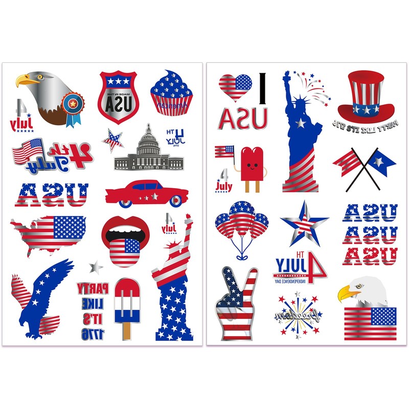 60PCS Silver 4th of July Temporary Tattoo, Large US Patriotic