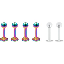4pc 16g 1.2mm Stainless Steel Labret Bar Rainbow Lip Rings Earrings 3mm Ball Tragus Helix 6mm + 2pc Retainer Keepers
