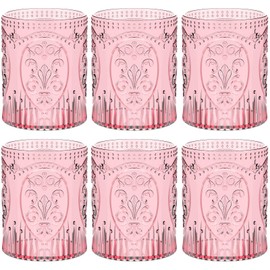 Qinyoung Plastic Vintage Drinking Glasses 8.5oz Stemless Retro Embossed Wine Glasses Shatterproof Reusable Cups for Baby Shower Wedding Reception Grand Event Party(Pink,6)