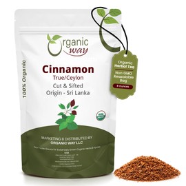 Organic Way True Ceylon Cinnamon Cut & Sifted (Cinnamomum verum) - Adds Flavour | Organic & Kosher Certified | Raw, Vegan, Non GMO & Gluten Free | USDA Certified | Origin - Sri Lanka (1/2LBS / 8OZ)