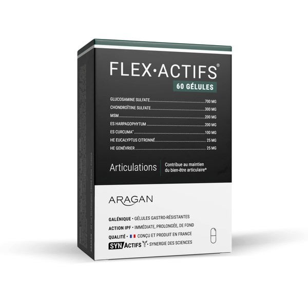 ARAGAN - Synthetic – Flexactif – Joint Wellness Supplement – Glucosamine, Harpagophytum, Turmeric, Eucalyptus and Zinc – 60 Capsules – 15 days to 1 month taken – Made in France