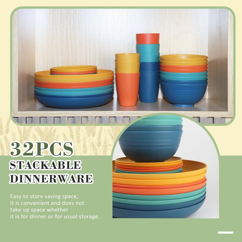 Wrova Wheat Straw Dinnerware Set of 32, Unbreakable Dinner Plates