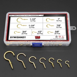 Cup Screw Hooks for Hanging, DYWISHKEY 136PCS 7 Sizes Cup Hooks Kit, Brass Plated Screw-in Cup Hooks for Home, Office and Workplace (1/2", 5/8", 3/4", 7/8", 1'', 1-1/4", 1-1/2")