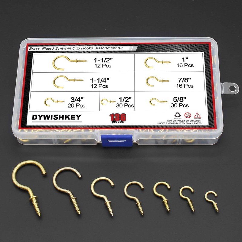 Cup Screw Hooks for Hanging, DYWISHKEY 136PCS 7 Sizes Cup