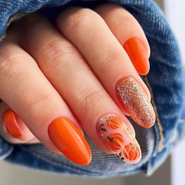 24 Pcs Fall Pumpkin Press on Nails Medium Almond Fake Nails Gold Glitter Cute Pumpkin Autumn Glue on Nails Thanksgiving Pumpkin Stick on Nails Orange Sparkly Artificial Nails Acrylic Nails for Women