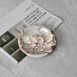 ZSHAWN Natural Calacatta Viola Ring Dish Jewelry Tray – 5.5" Trinket Dish for Rings Earrings Necklace, Scratch-Resistant Vanity Organizer, Elegant Gift for Women (Pink & Red)